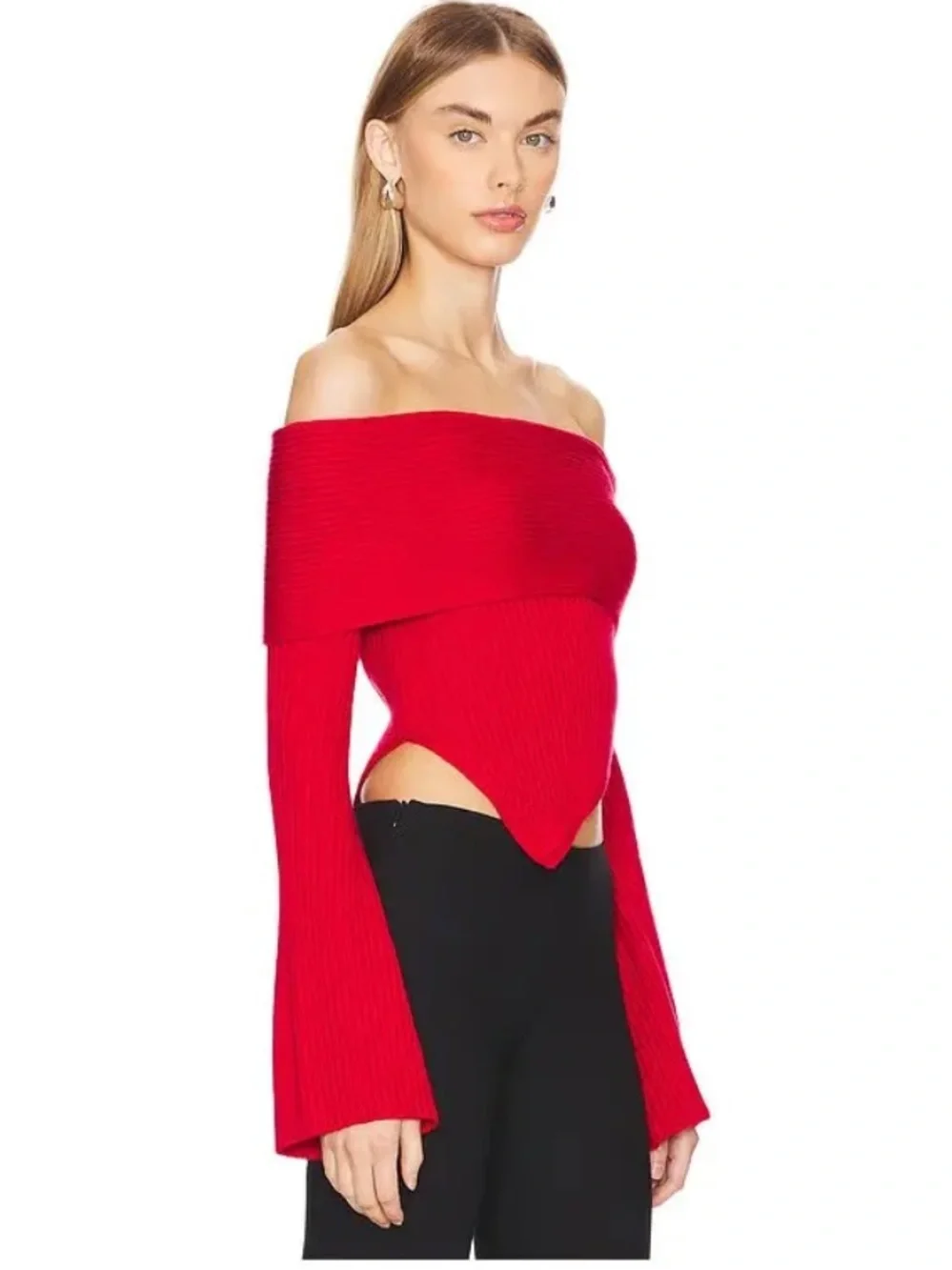LOBA REVOLVE TAZ OFF THR SHOULDER SWEATER Small Loyal Red Ribbed Knit Scarf
